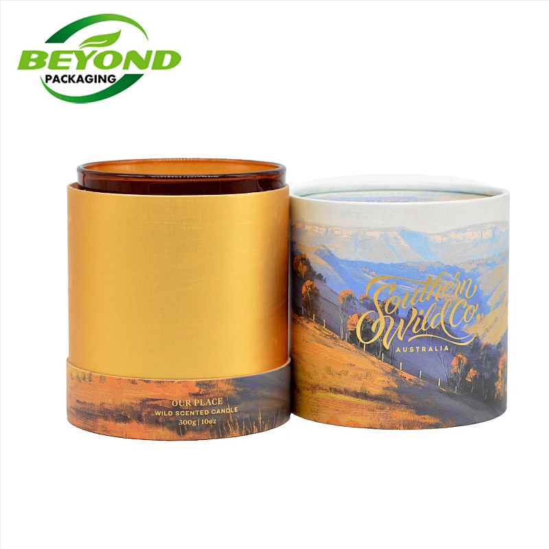 Luxury Rolled Edge Cylinder Matte Black Cardboard Gift Bottle Packaging Custom Round Candle Jars Tube Box With Gold Inner Tube