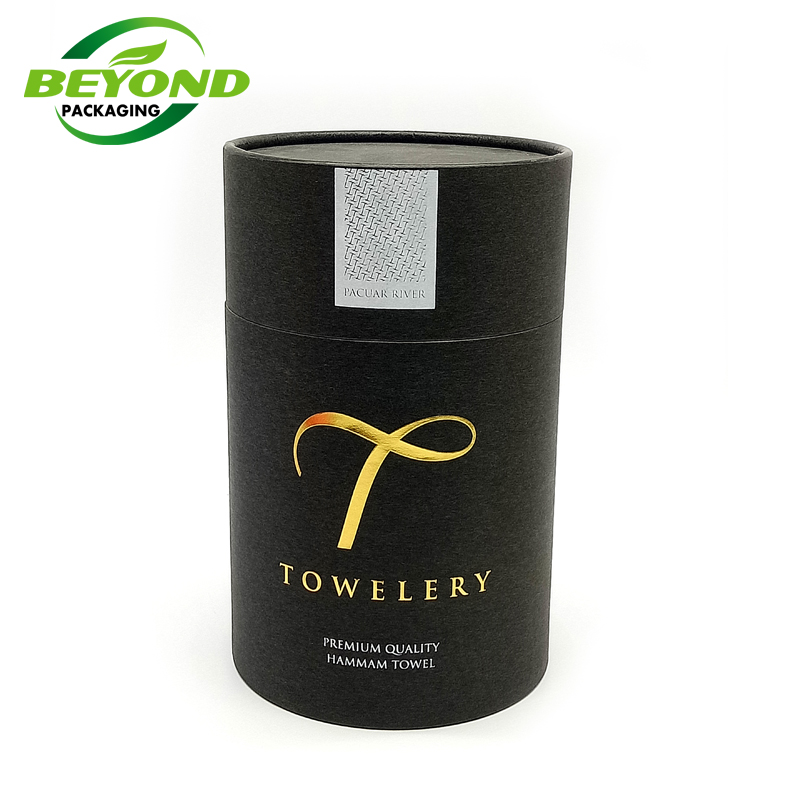 Cylinder packaging box t-shirt tube packaging cardboard custom plain black colorful round box for clothing packaging with gold