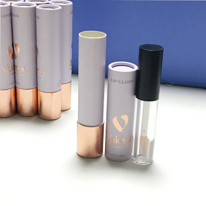 Recycled iridescent prining paper packaging cosmetic empty round lipgloss tube with logo rose gold stamping