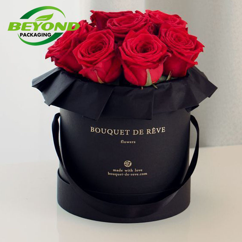 Custom Black Printing Paper Cardboard Wedding Gift Luxury Round Rose Flower Box With Lid Gift Packaging