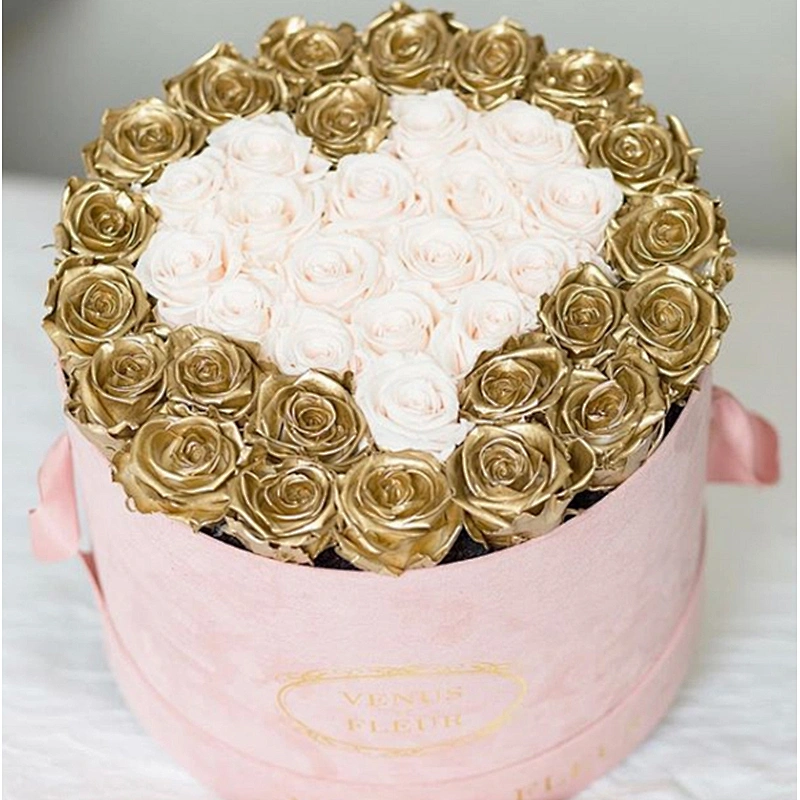 Wholesale Custom Luxury Pink Suede Velvet Round Cardboard  Flower Gift Cylinder Packaging Hat Boxes For Rose Flowers With Handle
