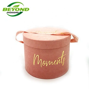Wholesale Custom Luxury Pink Suede Velvet Round Cardboard  Flower Gift Cylinder Packaging Hat Boxes For Rose Flowers With Handle