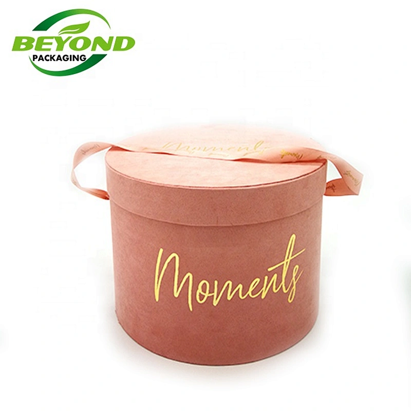Wholesale Custom Luxury Pink Suede Velvet Round Cardboard  Flower Gift Cylinder Packaging Hat Boxes For Rose Flowers With Handle