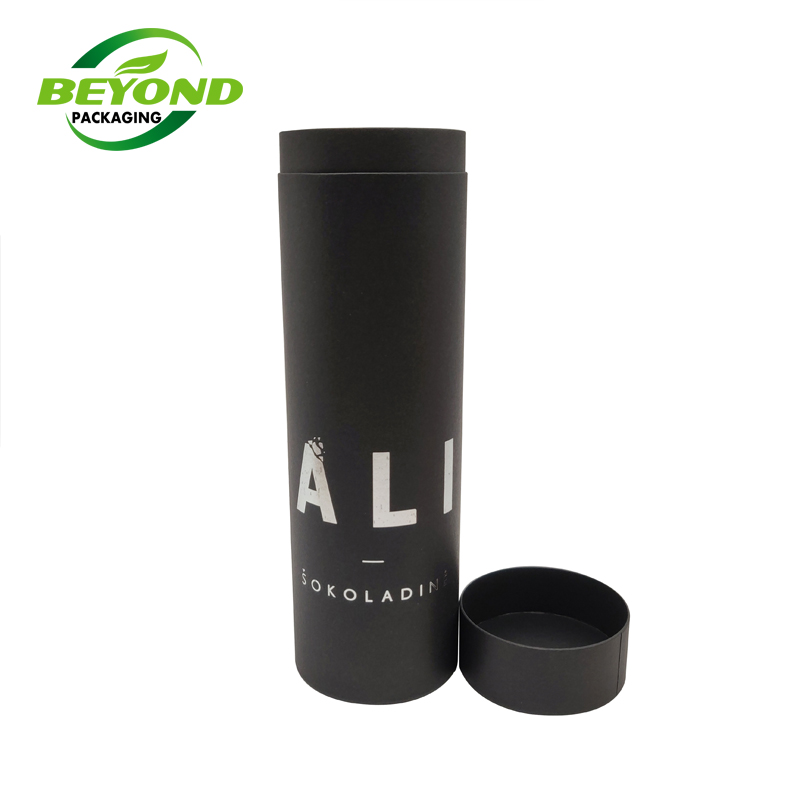 Wholesale High Quality Cylinder Black Kraft Paper Box Tube Packaging With Silver Stamping
