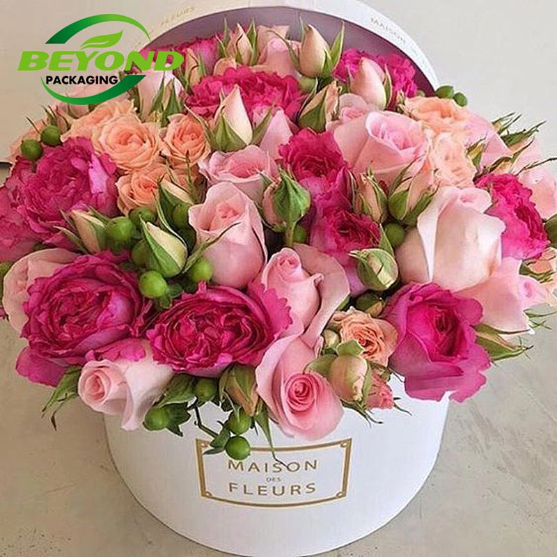 High quality round shape custom design paper recyclable cardboard flower bouquet packaging round rose box