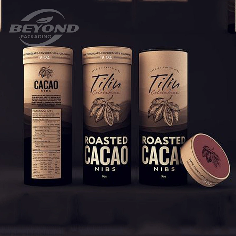 Biodegradable food grade air tight cylinder box tea container paper tube packaging with inner top metal lid packaging