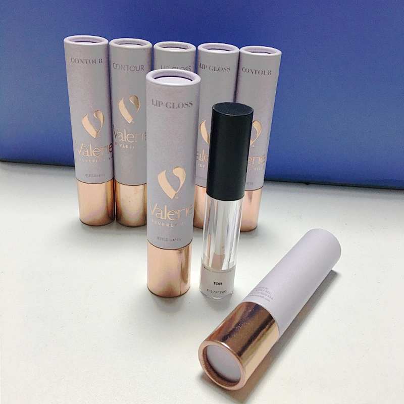Recycled iridescent prining paper packaging cosmetic empty round lipgloss tube with logo rose gold stamping