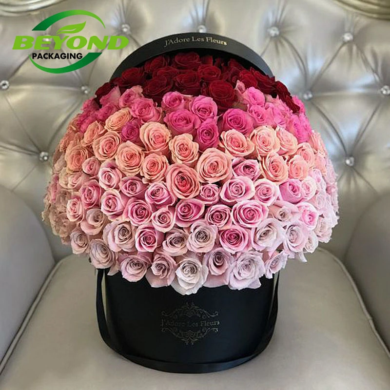 Custom Black Printing Paper Cardboard Wedding Gift Luxury Round Rose Flower Box With Lid Gift Packaging
