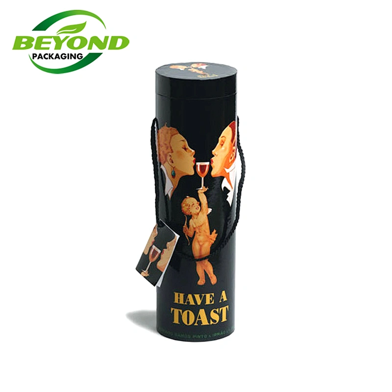Wholesale High Quality Custom Printed Paper Tube Packaging With Rope Handle For Wine Bottle