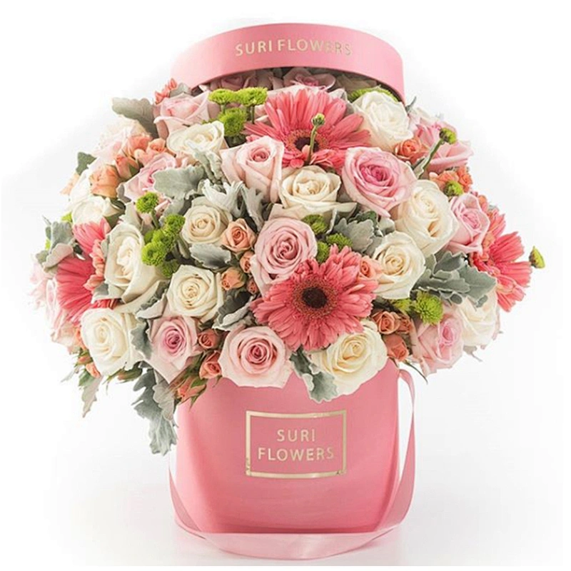 Wholesale Custom Luxury Pink Suede Velvet Round Cardboard  Flower Gift Cylinder Packaging Hat Boxes For Rose Flowers With Handle