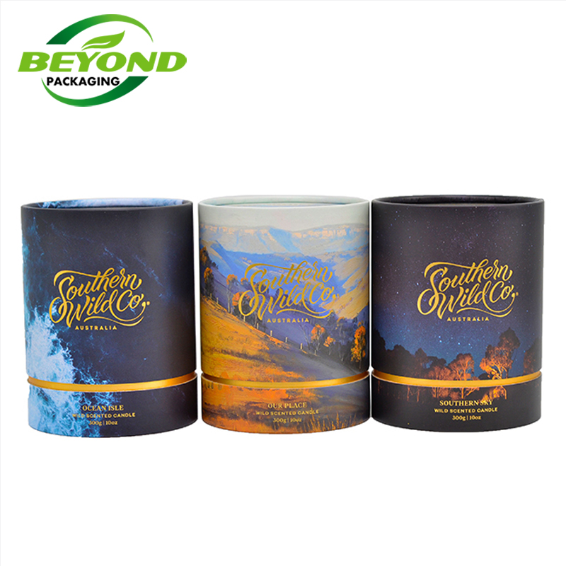 Luxury Rolled Edge Cylinder Matte Black Cardboard Gift Bottle Packaging Custom Round Candle Jars Tube Box With Gold Inner Tube