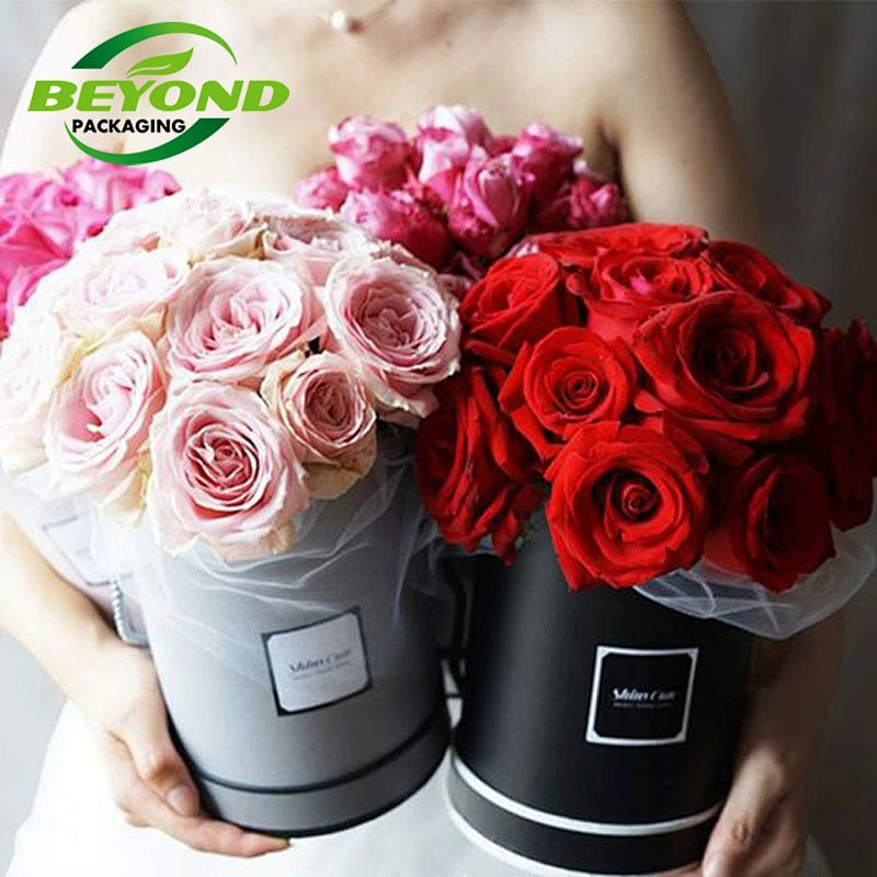 Custom Black Printing Paper Cardboard Wedding Gift Luxury Round Rose Flower Box With Lid Gift Packaging