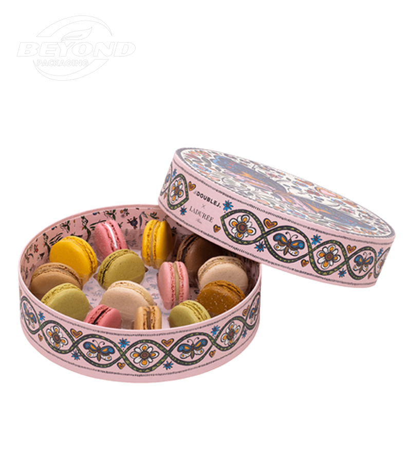 Luxury Recycled Material Cardboard Round Cylinder Macaron Packaging Box With PET Divide Gift Box With Logo