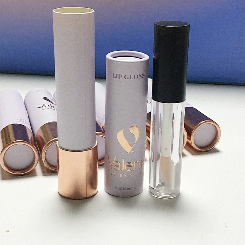 Recycled iridescent prining paper packaging cosmetic empty round lipgloss tube with logo rose gold stamping
