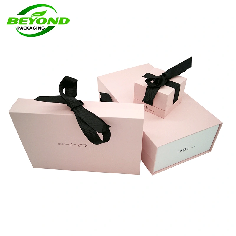 custom hot stamped rose gold logo pink texture paper magnetic closure valentines day jewelry gifts packaging box with ribbon