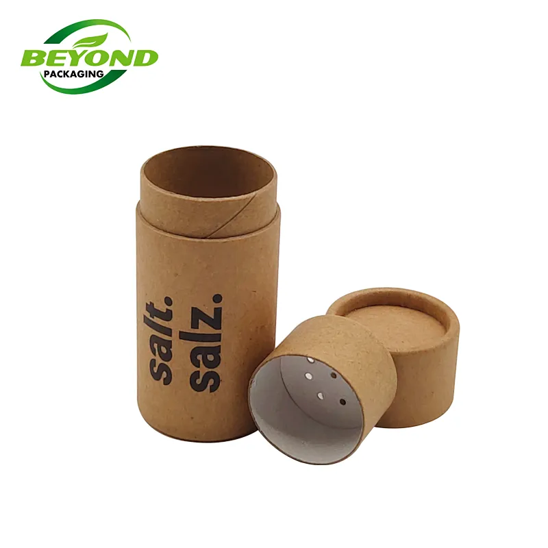 Recycled Mass Production Natural Kraft Material Small Salt  Spice Shaker Paper Tube Cylinder Box With Holes With Black Logo