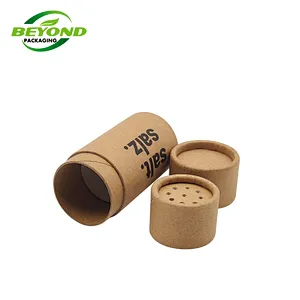 Recycled Mass Production Natural Kraft Material Small Salt  Spice Shaker Paper Tube Cylinder Box With Holes With Black Logo