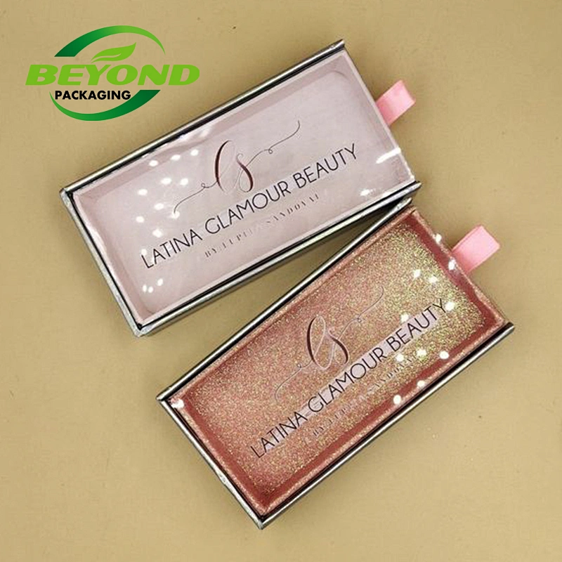 Luxury Custom Printed Glitter Paper Cardboard Drawer Box Clear Window Logo Printed Eyelash Packaging Box Empty Gift Box