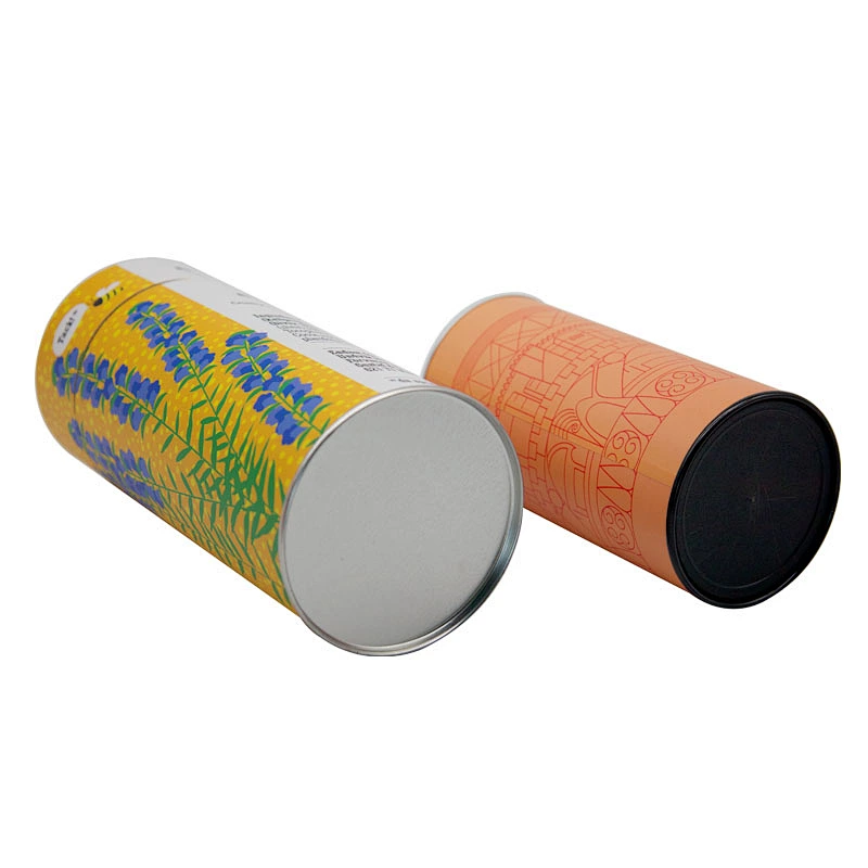 Recycled food grade aluminum foil round kraft paper tube with easy tear cover and plastic lid bottom for food packaging