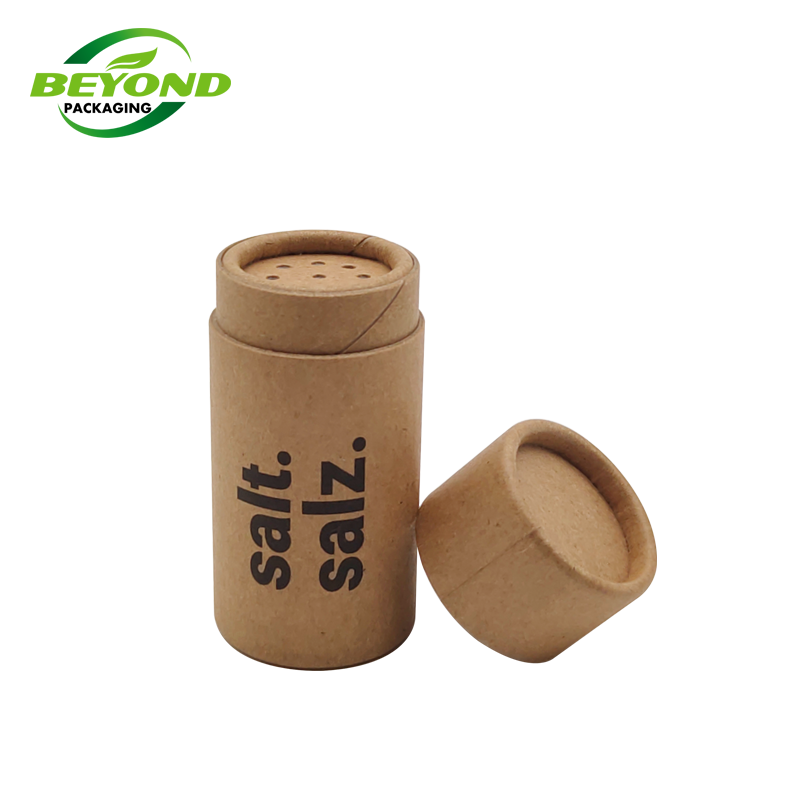 Recycled Mass Production Natural Kraft Material Small Salt  Spice Shaker Paper Tube Cylinder Box With Holes With Black Logo