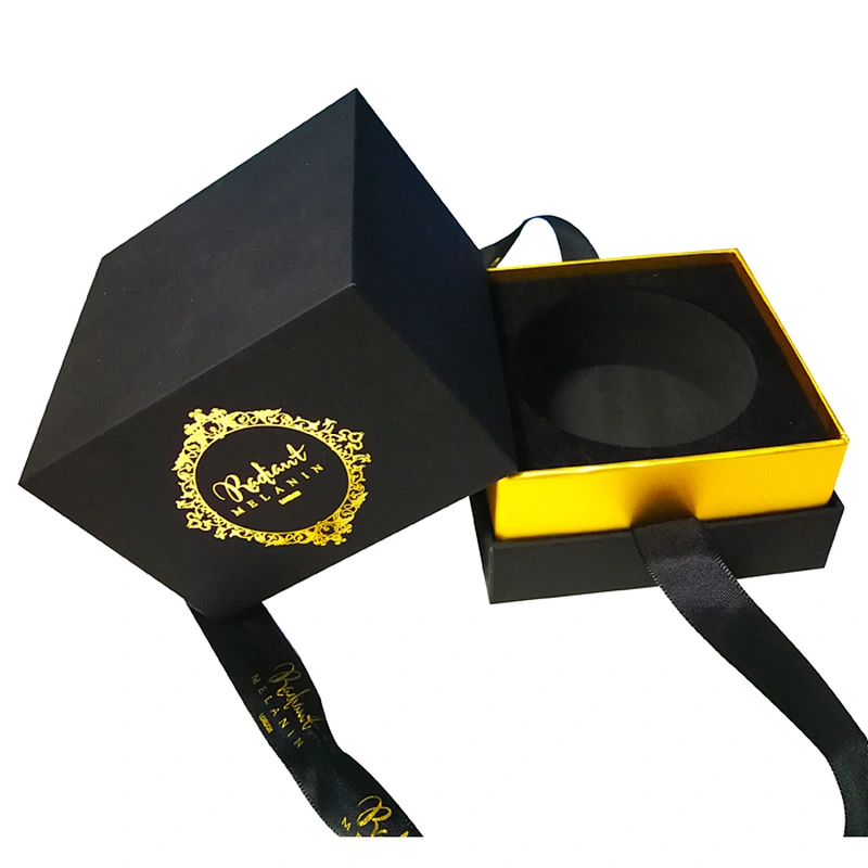 Luxury Black Color Gold Logo EVA Insert Cardboard Paper Wedding Gift Box Packaging With Ribbon Christmas Paper Box