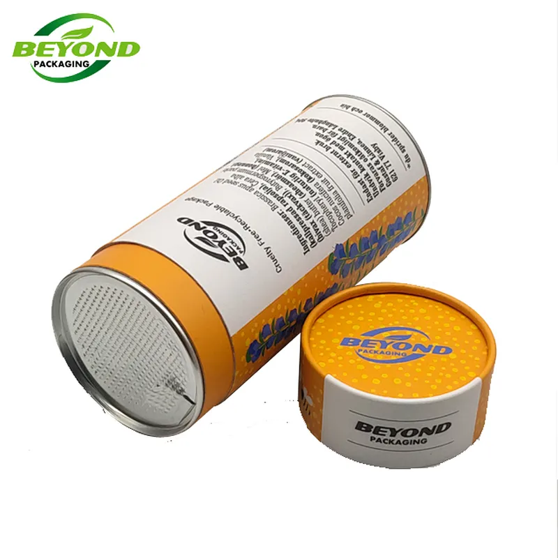 Recycled food grade aluminum foil round kraft paper tube with easy tear cover and plastic lid bottom for food packaging