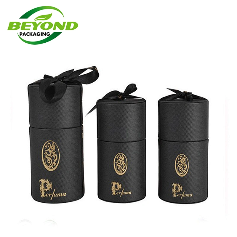 Wholesale High Quality Rigid Cardboard Black Leather Round Hat Cylinder Core Tube Gift Packaging Box with Custom Logo