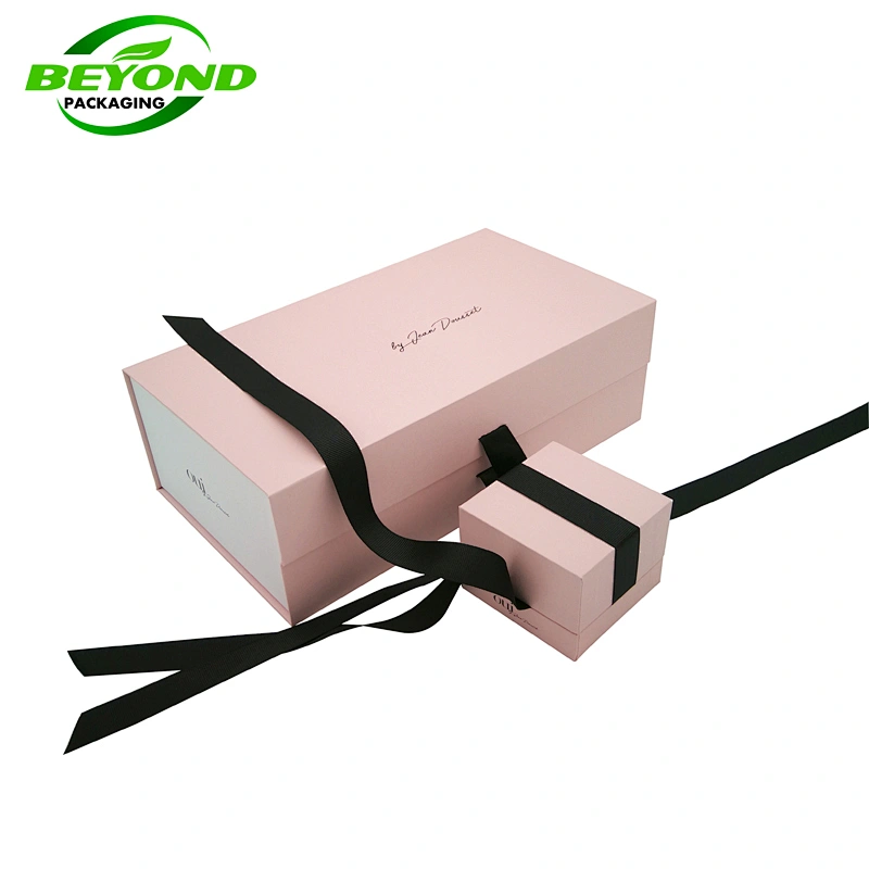 custom hot stamped rose gold logo pink texture paper magnetic closure valentines day jewelry gifts packaging box with ribbon