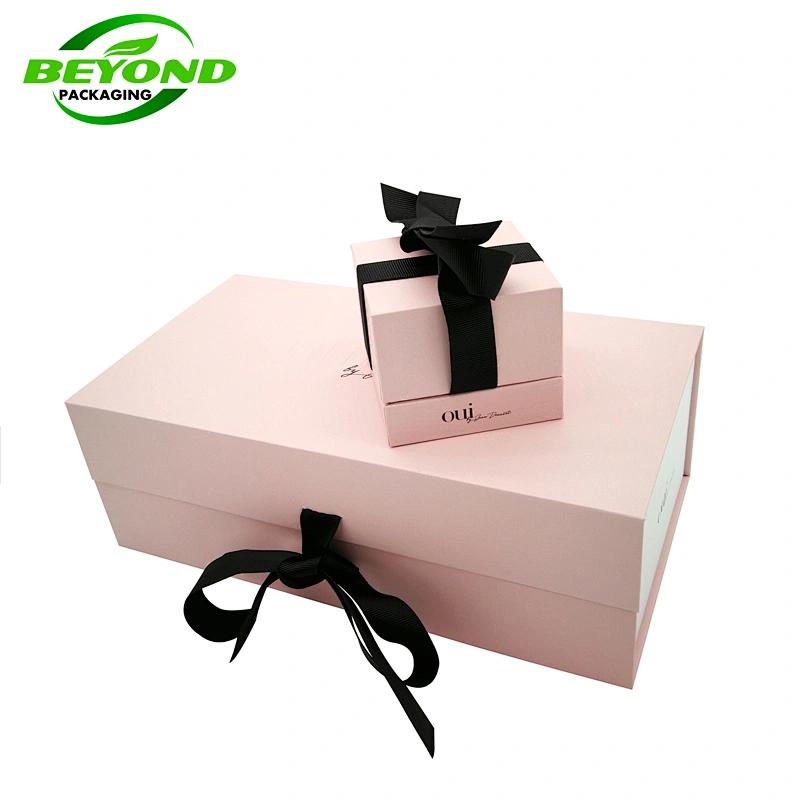 custom hot stamped rose gold logo pink texture paper magnetic closure valentines day jewelry gifts packaging box with ribbon