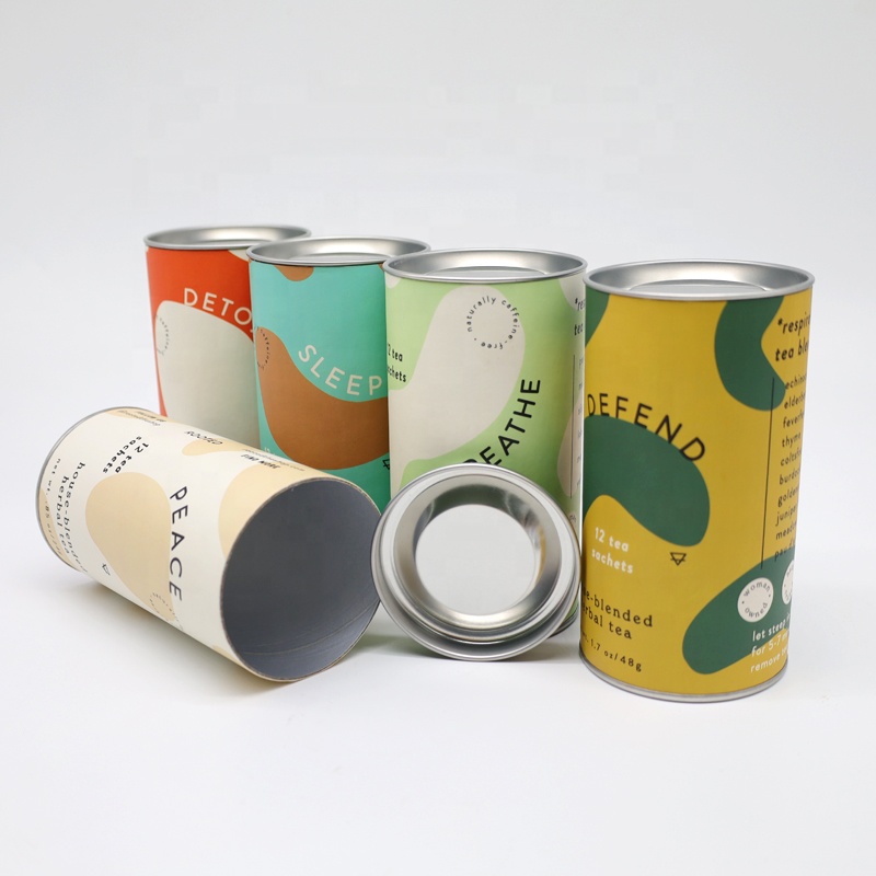 Customized Tea Paper Tube Packaging Food Grade Kraft Cardboard Cylinder Container For Tea Packaging With Metal Lid