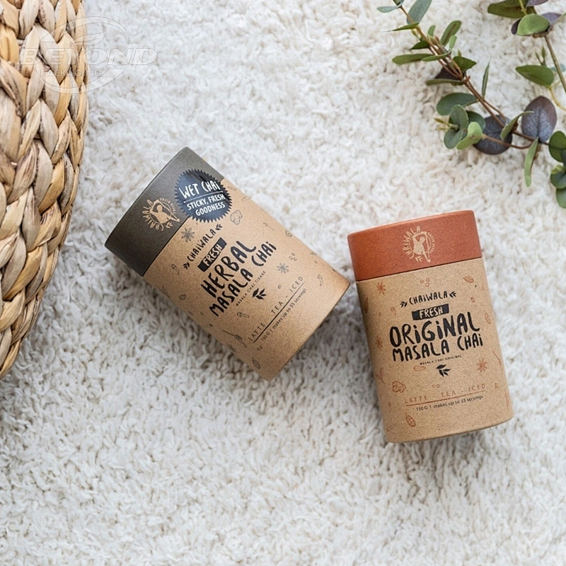 Plastic free food grade cylinder round cardboard gift custom kraft paper box coffee tea bag packaging box