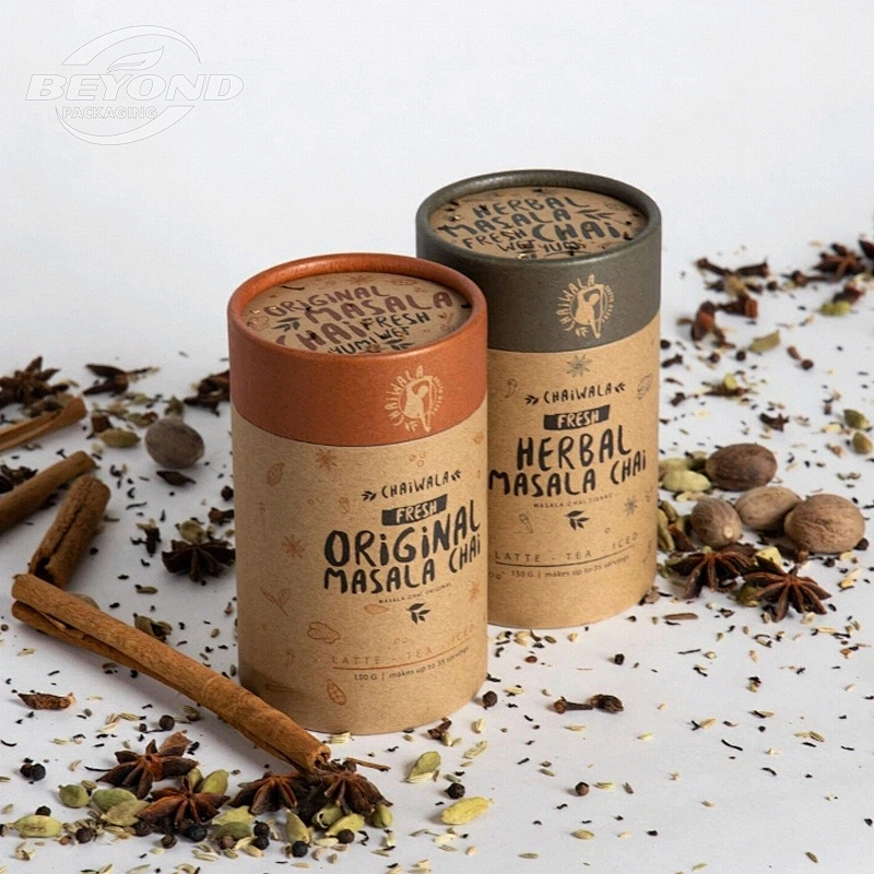 Plastic free food grade cylinder round cardboard gift custom kraft paper box coffee tea bag packaging box