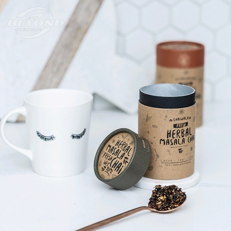 Plastic free food grade cylinder round cardboard gift custom kraft paper box coffee tea bag packaging box