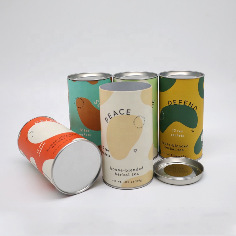 Eco Friendly Custom Design Luxury Round Cylinder Paper Tube Packaging With Metal Lid Food Grade Material For Food Coffee