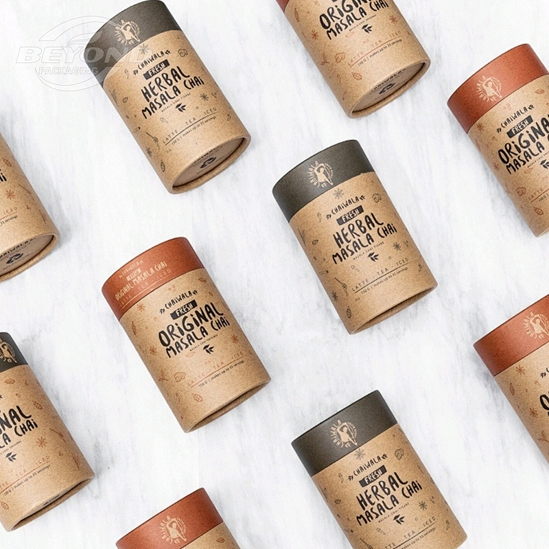 Plastic free food grade cylinder round cardboard gift custom kraft paper box coffee tea bag packaging box