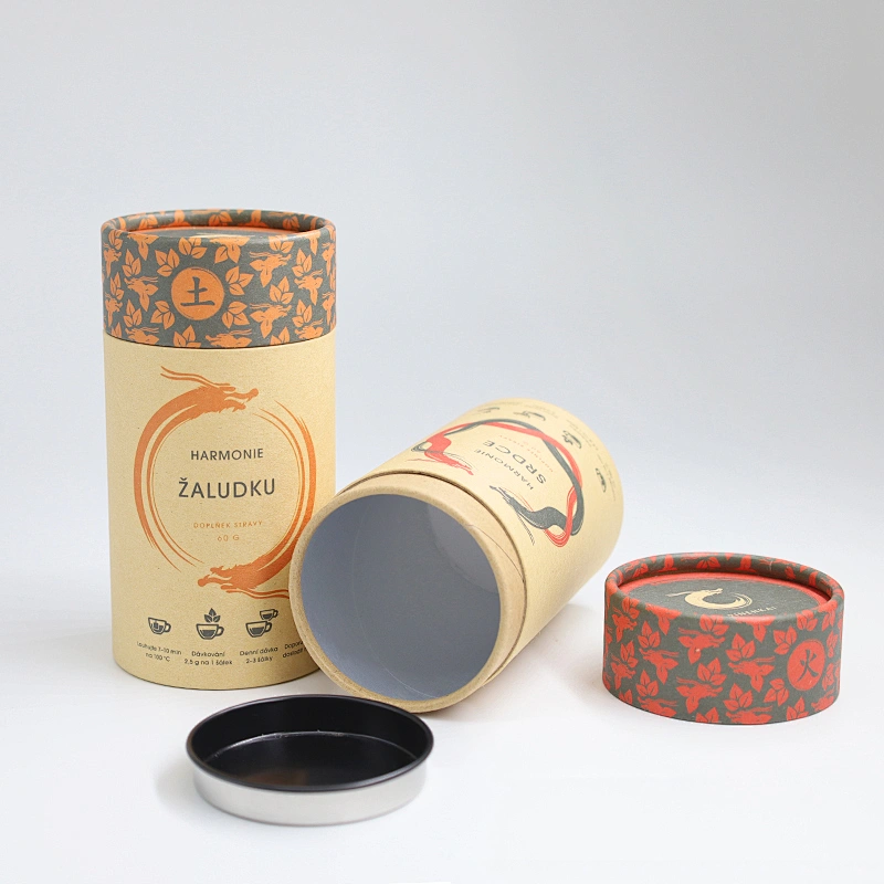 Eco Friendly Round Cardboard Powder Container Food Grade Paper Tube Tea Packaging With Seal Metal Lid Aluminum Jar