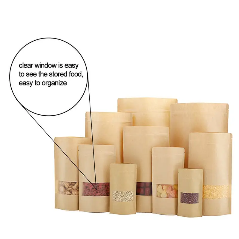 packaging biodegradable custom printing paper zip lock bag brown kraft paper bags with window for coffee beans