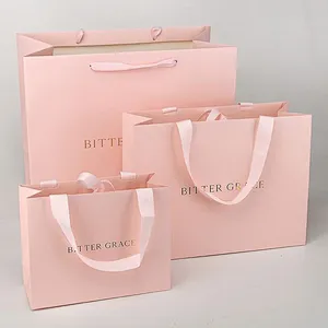 Manufacture custom retail luxury logo printed cardboard pink paper bags boutique shopping paper gift carry bags  for jewelry