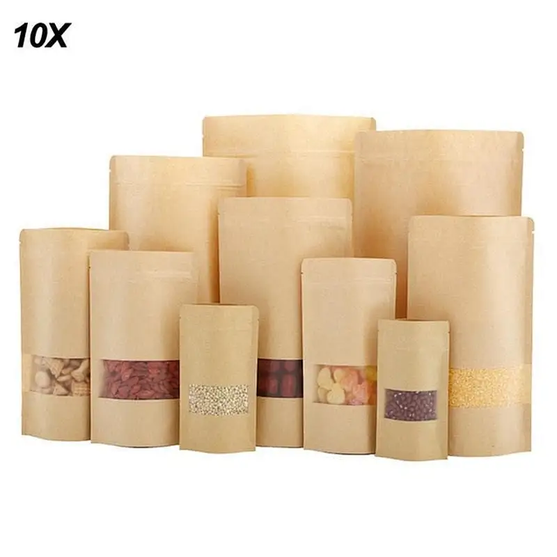 packaging biodegradable custom printing paper zip lock bag brown kraft paper bags with window for coffee beans