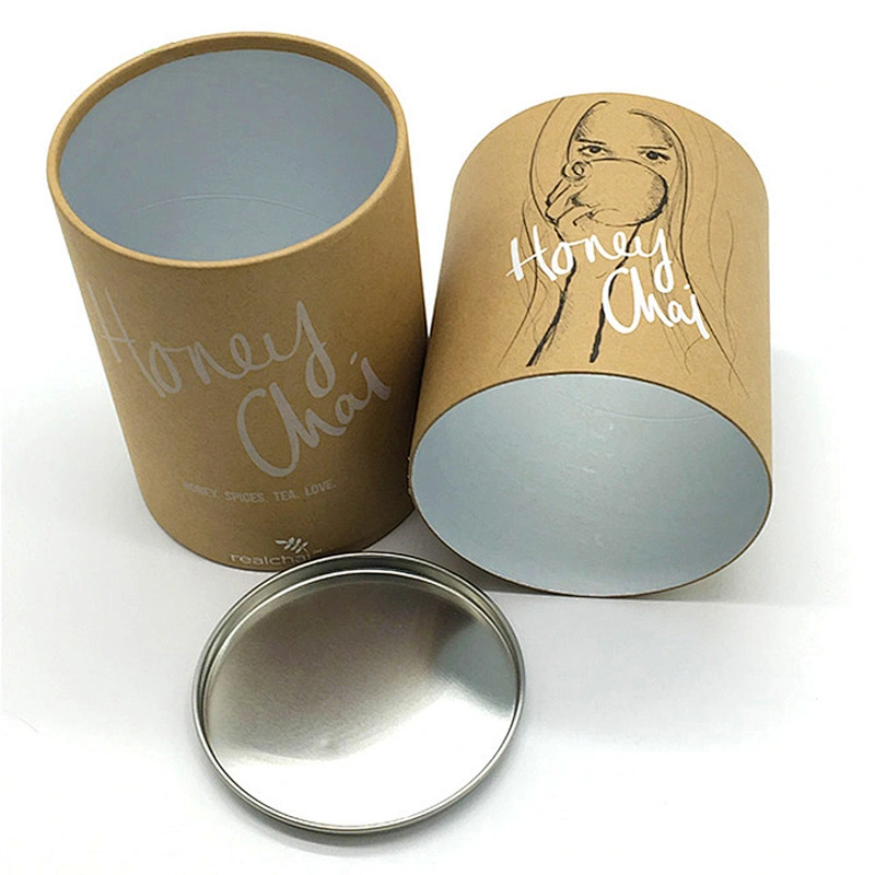 Custom Metal Lid Tea Packaging Cardboard Canister Can Cylinder Biodegradable Coffee Cylinder Kraft Tea Food Packaging Boxes