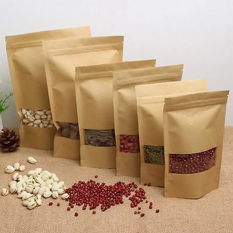 Snack Food Packaging Stand Up Kraft Paper Bag Coated PE Resealable Zip Lock Food Storage Packaging Pouches Bag With Clear Window