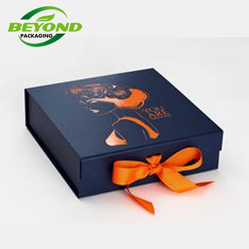 Custom Ribbon Recycled black Kraft Paper Gift Box with Luxury Magnetic Closure Lid