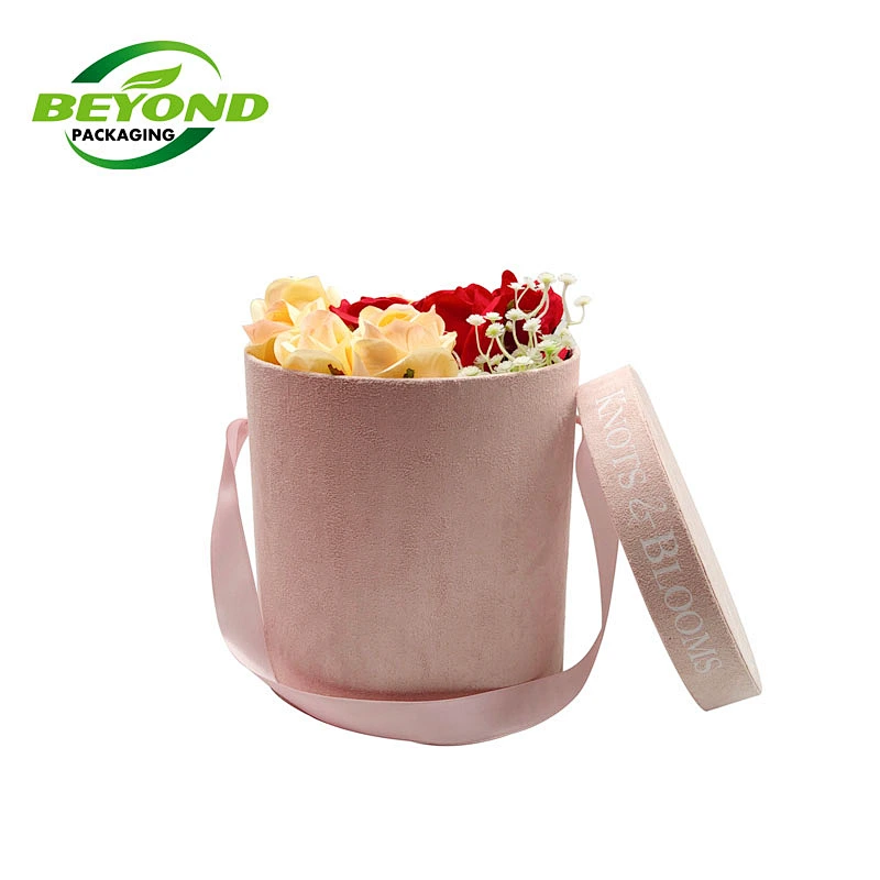 Fashion Attractive Design Round Pink Velvet Flower Box With Gold Stamping Velvet Boxes For Christmas Gift