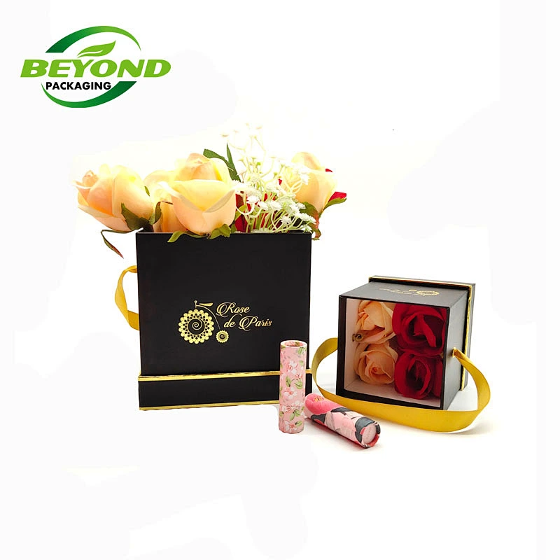 High Grade Custom Cardboard Black Box Square Shape Gold Stamping Logo Infinity Roses Gift Box With Lid