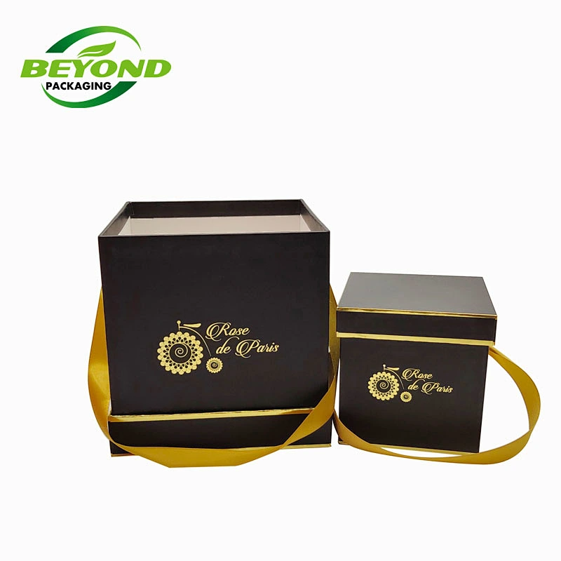 High Grade Custom Cardboard Black Box Square Shape Gold Stamping Logo Infinity Roses Gift Box With Lid