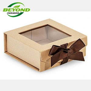 Custom Color Printing Eco-friendly Cosmetic Paper Gift Rigid Box Magnetic Folding Packaging with PVC Clear  Window Silk Bow