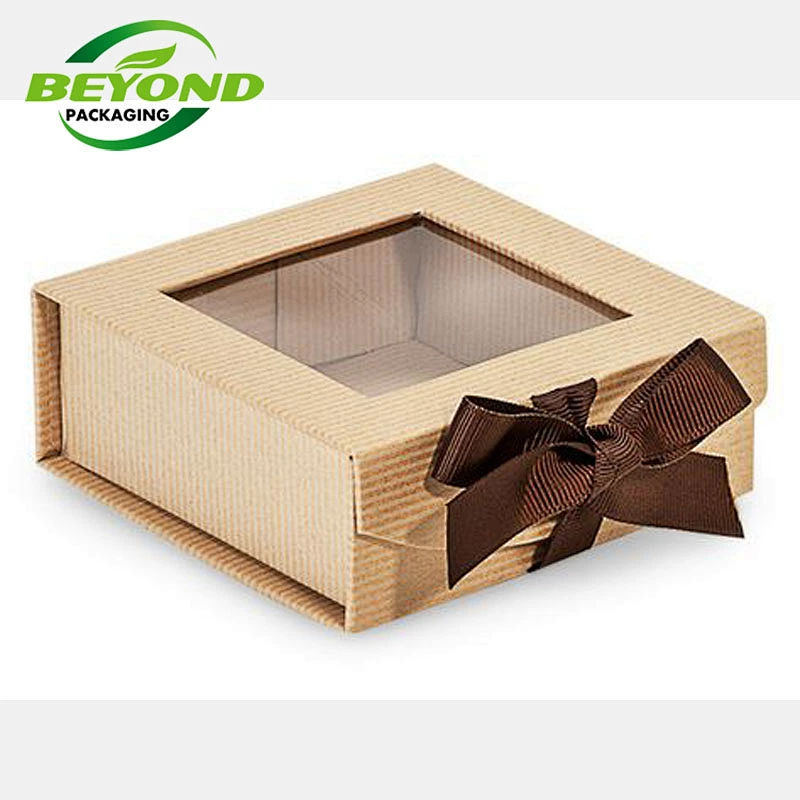 Custom Color Printing Eco-friendly Cosmetic Paper Gift Rigid Box Magnetic Folding Packaging with PVC Clear  Window Silk Bow