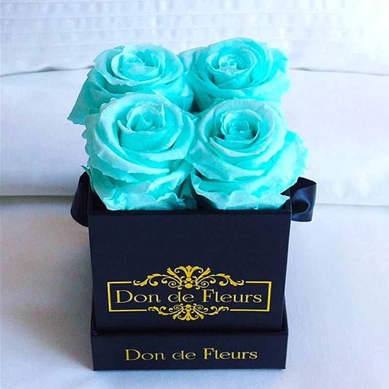 Custom Printed Hot Foil Logo Luxury Square Hat Flower Box With Paper Lid/Ribbon Handle For Four Flower