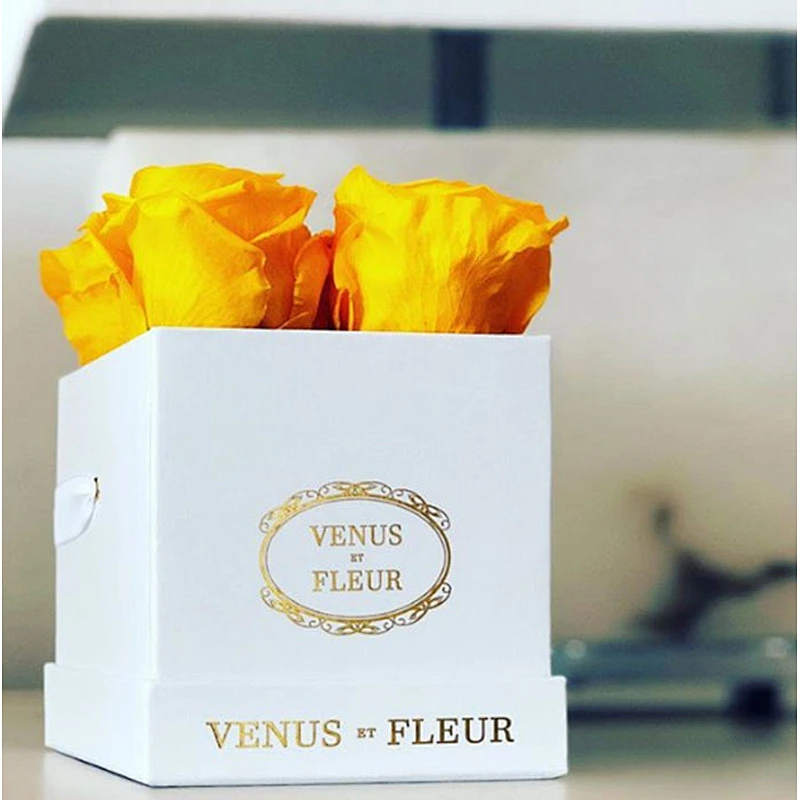 Custom Printed Hot Foil Logo Luxury Square Hat Flower Box With Paper Lid/Ribbon Handle For Four Flower