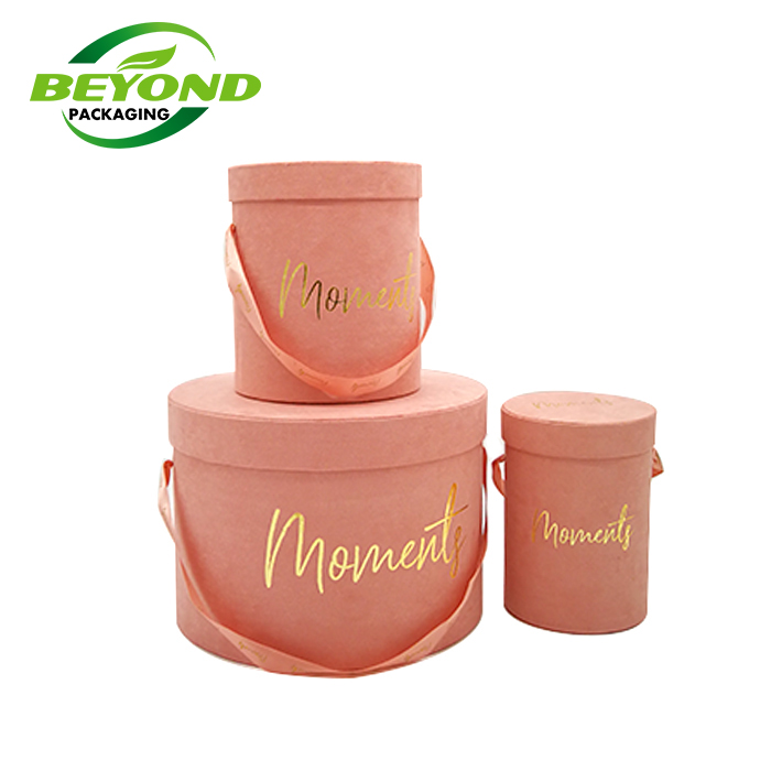 Custom Gold Stamping Logo/Size  Made Pink Round Suede Flower Box With Hat Velvet Florsit Rose Box With Handle Ribbon